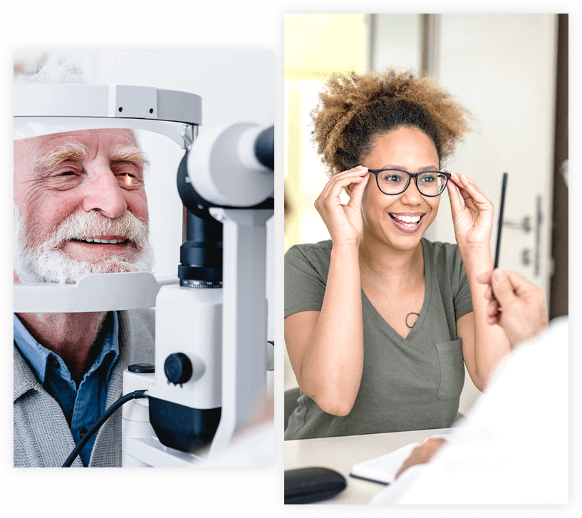 man getting an eye exam and woman trying on new glasses